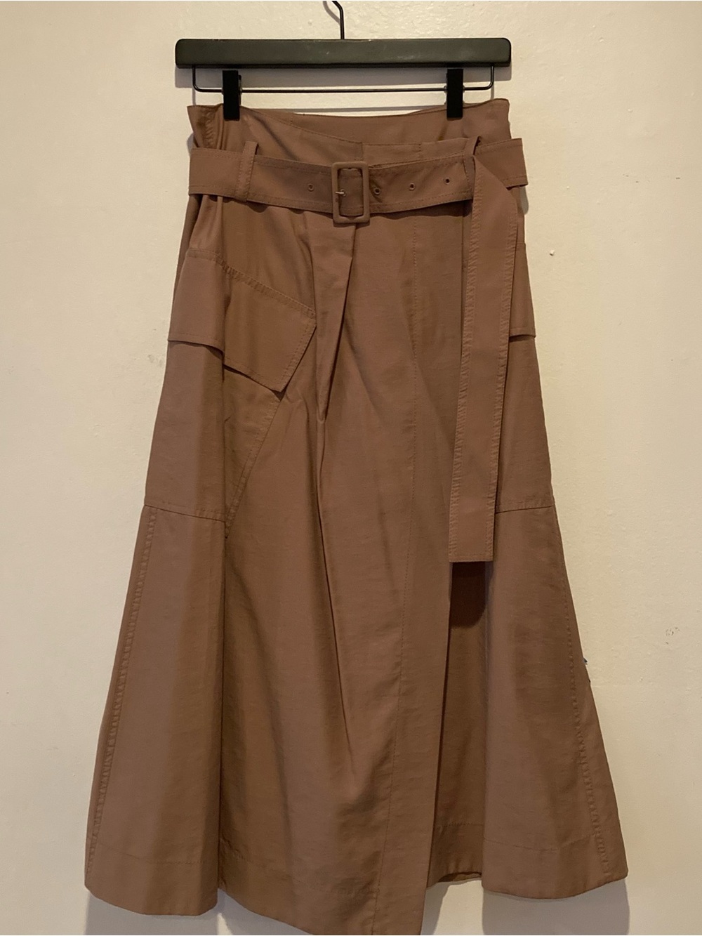 Vince Taupe-Brown Belted A-Line Midi Skirt